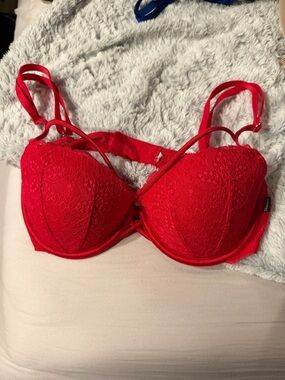 PINK Red Lace Push-Up Bra with Strappy Detail